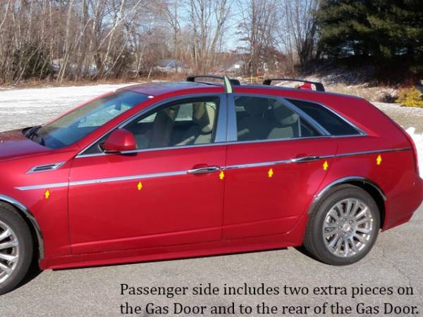 QAA - Cadillac CTS Sport Wagon 2010-2014, 4-door, Sport Wagon (14 piece Stainless Steel Body Side Molding Accent Trim Straight - 1" wide Kit includes six pieces on the driver's side.The passenger side includes two extra pieces - on the Gas Door and to the rear