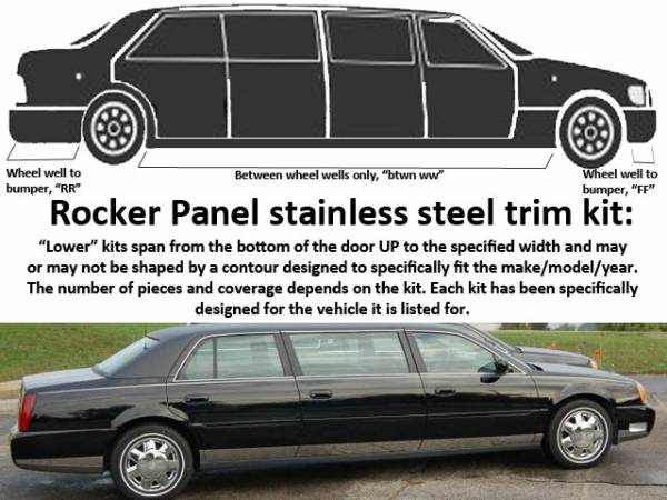 QAA - Cadillac DTS 2006-2011, Limousine, 46" Stretch (10 piece Stainless Steel Rocker Panel Trim, Lower Kit 4.5" Width, 46" Between the wheel wells Spans from the bottom of the door UP to the specified width.) TH40239 QAA