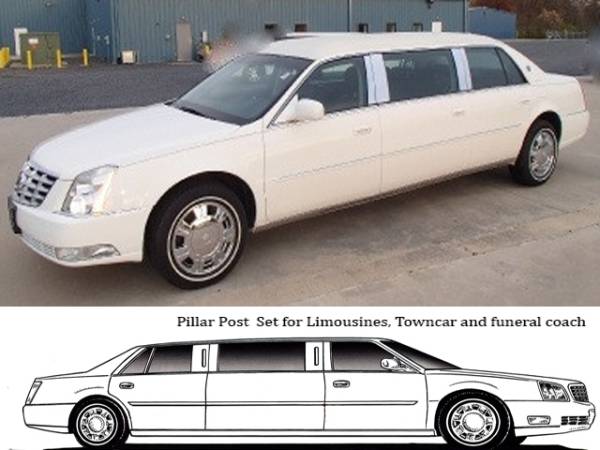 QAA - Cadillac DeVille 2000-2005, 6-door, S&S Limousine, 46" Extension (8 piece Stainless Steel Pillar Post Trim ) PP40247 QAA