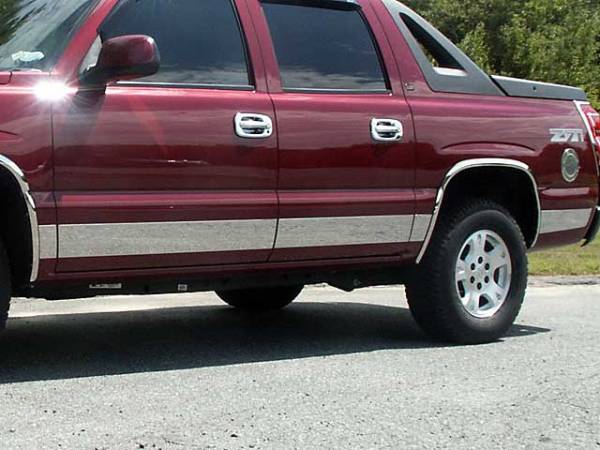 QAA - Chevrolet Avalanche 2002-2006, 4-door, Pickup Truck (10 piece Stainless Steel Rocker Panel Trim, Upper Kit 5.5" Width, Full Length, Includes coverage between rear wheel well and rear bumper Spans from the bottom of the molding DOWN to the specified width.