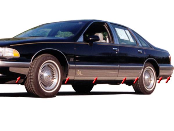 QAA - Chevrolet Caprice 1993-1997, 4-door, Sedan (14 piece Stainless Steel Rocker Panel Trim, Full Kit 5.625" Width, Full Length, Includes coverage from the wheel well to the bumper on the front and rear, rear wheel to rear bumper is two pieces Spans from the b