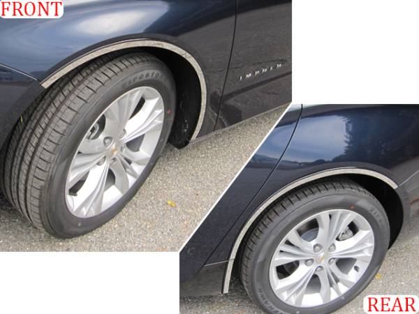 QAA - Chevrolet Impala 2014-2020, 4-door, Sedan, Does NOT fit the Limited (6 piece Stainless Steel Wheel Well Accent Trim 0.875" Width, full length, rear trim pieces are segmented into two With 3M adhesive installation and black rubber gasket edging.) WQ54136 Q