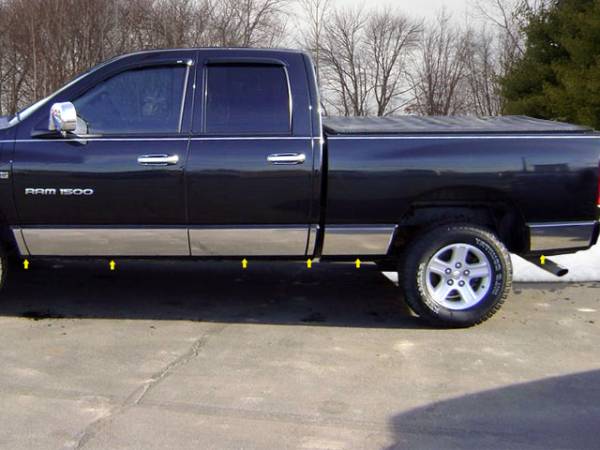 QAA - Dodge Ram 2002-2008, 4-door, Pickup Truck, Quad Cab, Long Bed (12 piece Stainless Steel Rocker Panel Trim, Full Kit 10.5" Width Spans from the bottom of the molding to the bottom of the door.) TH42938 QAA