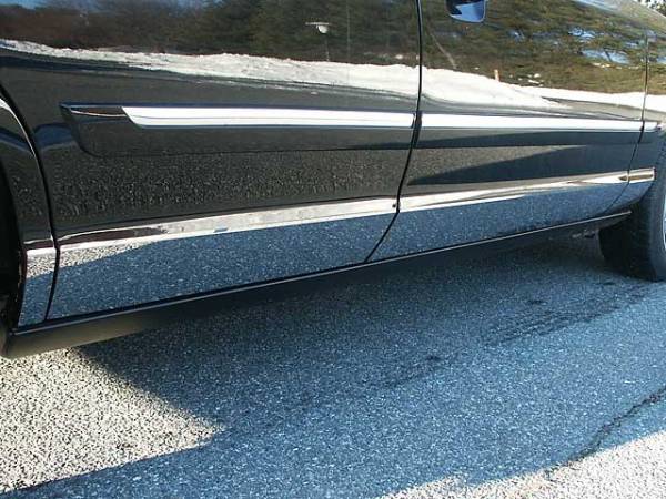 QAA - Ford Crown Victoria 1992-2009, 4-door, Sedan (8 piece Stainless Steel Rocker Panel Trim, Lower Kit 4.69" - 5.375" tapered Width, Includes coverage between the wheel wells only Spans from the bottom of the door UP to the specified width.) TH38480 QAA