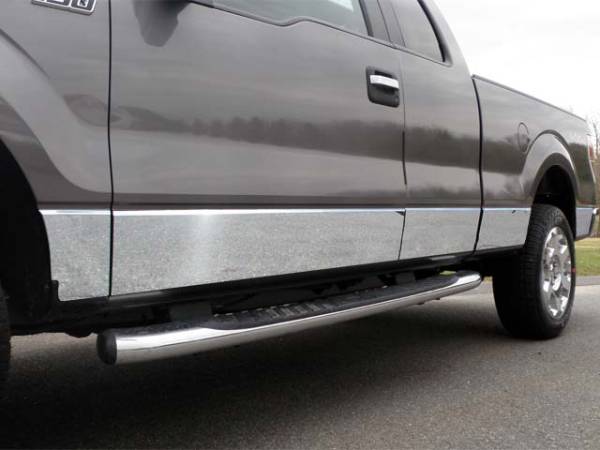 QAA - Ford F-150 2009-2014, 4-door, Pickup Truck, Super Cab, 5.5' bed, w/ Flares (10 piece Stainless Steel Rocker Panel Trim, Lower Kit 7.25" - 7.5" tapered Width Spans from the bottom of the door UP to the specified width.) TH49301 QAA