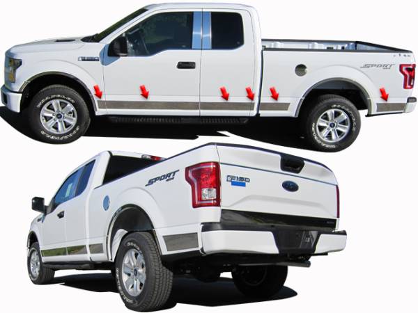 QAA - Ford F-150 2015-2020, 4-door, Pickup Truck, Super Cab, 6.5 bed (12 piece Stainless Steel Rocker Panel Trim, Upper Kit 4.5" Width Spans from the bottom of the molding DOWN to the specified width.) TH55302 QAA