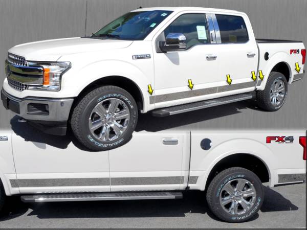 QAA - Ford F-150 2015-2020, 4-door, Pickup Truck, Crew Cab, 6.5 bed (12 piece Stainless Steel Rocker Panel Trim, Upper Kit 4.5" Width Spans from the bottom of the molding DOWN to the specified width.) TH55305 QAA