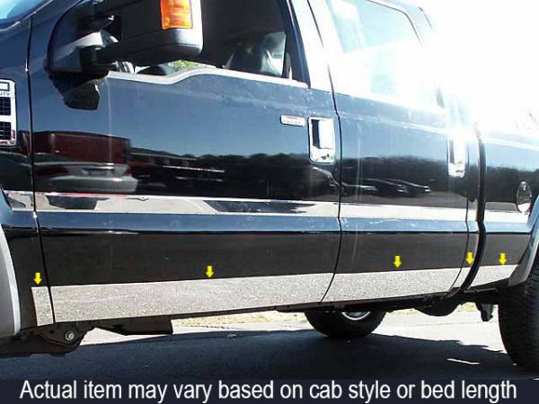 QAA - Ford F-250 & F-350 Super Duty 1999-2007, 4-door, Pickup Truck, Extra Cab, Short Bed, NO Flares (10 piece Stainless Steel Rocker Panel Trim, Lower Kit 5.5" Width Spans from the bottom of the door UP to the specified width.) TH39321 QAA