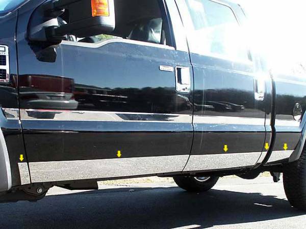 QAA - Ford F-250 & F-350 Super Duty 2011-2016, 2-door, Pickup Truck, Regular Cab, Long Bed (8 piece Stainless Steel Rocker Panel Trim, Lower Kit 5.5" Width, Includes coverage between the wheel wells only Spans from the bottom of the door UP to the specified wid