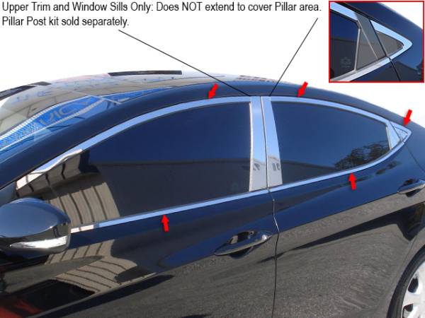 QAA - Hyundai Elantra 2011-2013, 4-door, Sedan (10 piece Stainless Steel Window Trim Package Includes 6 piece Upper Trim and 4 piece Window Sills, NO Pillar Posts, Not for use without Pillar Post kit sold separately. ) WP11341 QAA