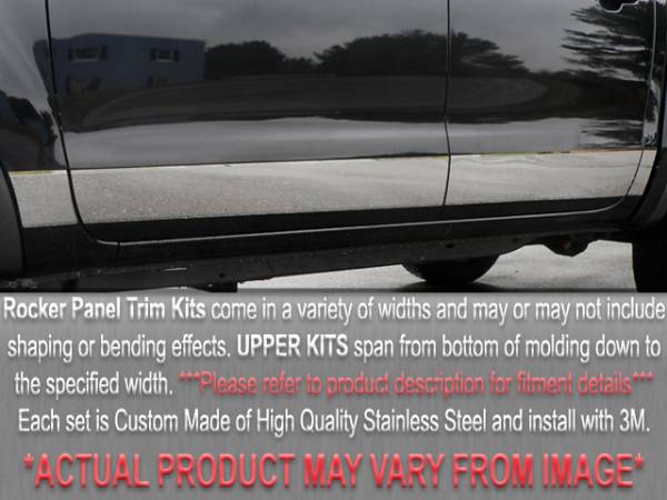 QAA - Hyundai Excel 1990-1992, 4-door, Sedan (12 piece Stainless Steel Rocker Panel Trim, Upper Kit 4.75" Width, Full Length, Includes coverage from the Wheel Wells to the bumper, both front and rear Spans from the bottom of the molding DOWN to the specified wi