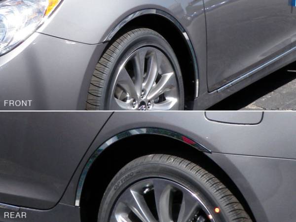 QAA - Hyundai Sonata 2011-2014, 4-door, Sedan (4 piece Stainless Steel Wheel Well Accent Trim With 3M adhesive installation and black rubber gasket edging.) WQ11360 QAA