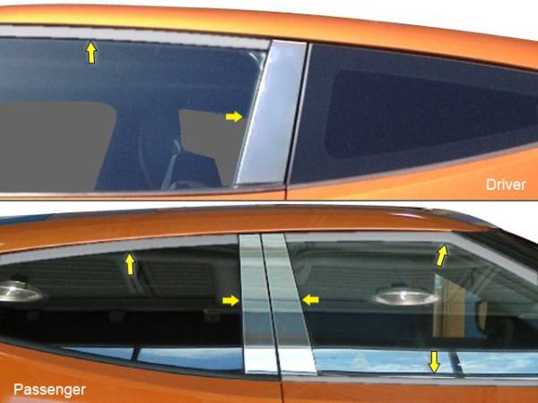 QAA - Hyundai Veloster 2013-2017, 3-door, Hatchback (7 piece Stainless Steel Window Trim Package Includes 4 piece Upper Trim and 3 piece Pillar Post kit, NO Window Sills ) WP13320 QAA