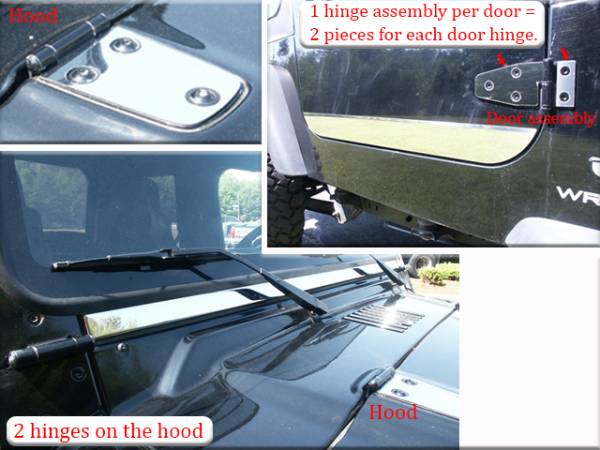 QAA - Jeep Wrangler TJ 1997-2006, 2-door, SUV (6 piece Stainless Steel Hinge Cap Package Four pieces cover the two hinges on the two doors and two hinges are on the hood ) HP45090 QAA