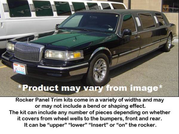 QAA - Lincoln Town Car 1995-1997, Limousine, 70" Stretch (12 piece Stainless Steel Rocker Panel Trim, Full Kit 8.063" - 8.563" tapered Width, Full Length, Includes coverage from the wheel well to the bumper on the front and rear Spans from the bottom of the mol