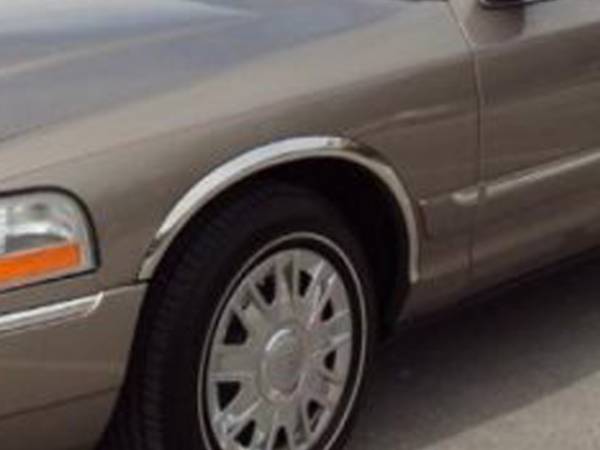 QAA - Mercury Grand Marquis 2003-2011, 4-door, GS (4 piece Molded Stainless Steel Wheel Well Fender Trim Molding 1.75" Width, FULL LENGTH, Extends past the molding for the GS model. Clip on or screw in installation, Lock Tab and screws, hardware included.) WZ43