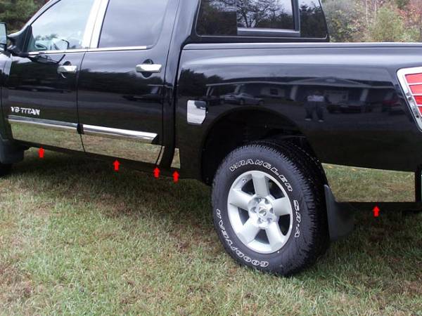 QAA - Nissan Titan 2004-2015, 4-door, Pickup Truck, Crew Cab (10 piece Stainless Steel Rocker Panel Trim, Upper Kit 5.5" Width Spans from the bottom of the molding DOWN to the specified width.) TH24520 QAA