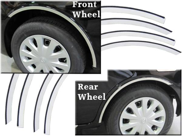 QAA - Nissan Versa 2012-2019, 4-door, Sedan (4 piece Stainless Steel Wheel Well Accent Trim 0.875" Width With 3M adhesive installation and black rubber gasket edging.) WQ12530 QAA