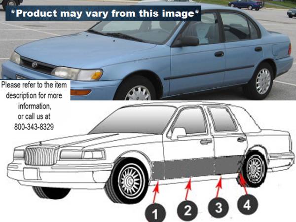 QAA - Toyota Corolla 1993-1997, 4-door, Sedan (8 piece Stainless Steel Rocker Panel Trim, Full Kit 9" - 10" tapered Width Spans from the bottom of the molding to the bottom of the door.) TH95112 QAA