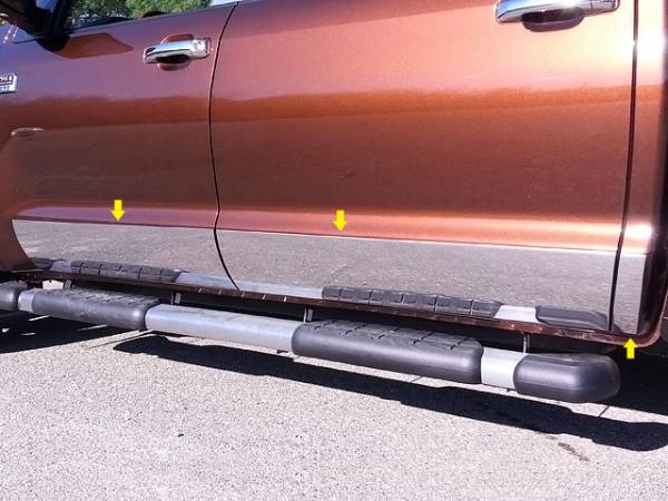 QAA - Toyota Tundra 2014-2020, 4-door, Pickup Truck, Crew Max (6 piece Stainless Steel Rocker Panel Trim, Lower Kit 8.5" Width, On the Cab Only Spans from the bottom of the door UP to the specified width.) TH14145 QAA