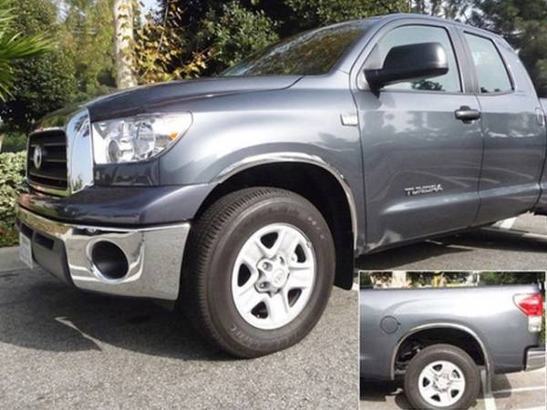 QAA - Toyota Tundra 2014-2020, 2-door, 4-door, Pickup Truck (4 piece Molded Stainless Steel Wheel Well Fender Trim Molding 2" Width, Must remove stock splash guard, install, then put back on after installation Clip on or screw in installation, Lock Tab and scre