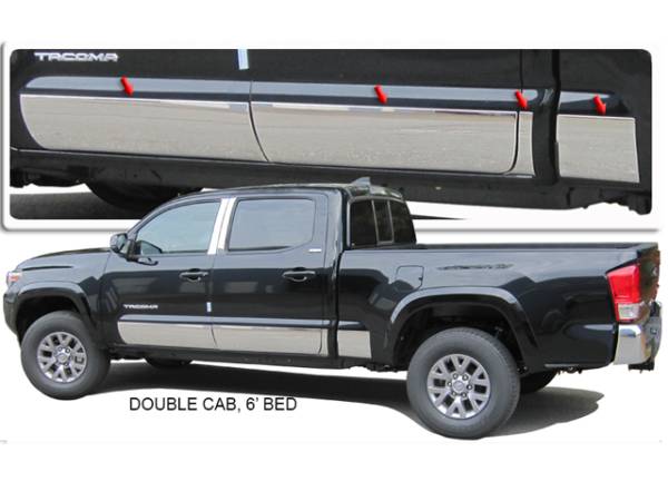 QAA - Toyota Tacoma 2016-2020, 4-door, Double Cab, 6' Bed (8 piece Stainless Steel Rocker Panel Trim, Full Kit 8" - 8.375" tapered Width Spans from the bottom of the molding to the bottom of the door.) TH16175 QAA