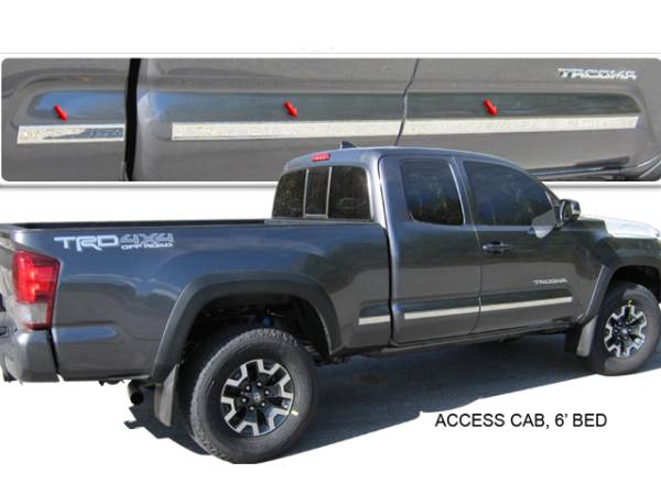 QAA - Toyota Tacoma 2016-2020, 4-door, Pickup Truck, Access Cab, 6' Bed (6 piece Stainless Steel Body Molding Insert Trim Kit 1.5" Width ) MI16172 QAA