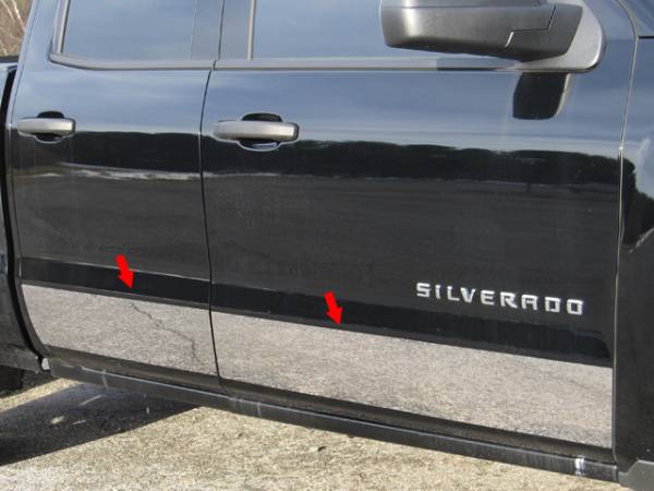 QAA - Chevrolet Silverado 2014-2018, 4-door, Pickup Truck, Double Cab/Extended Cab, NO Factory Molding (4 piece Stainless Steel Rocker Panel Trim, Upper Kit 6.875" Width, On the Doors Only Spans from the bottom of the molding DOWN to the specified width.) TH541