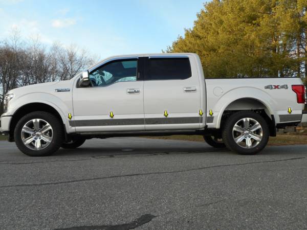 QAA - Ford F-150 2015-2020, 4-door, Pickup Truck, Super Cab, 6.5 bed (12 piece Stainless Steel Rocker Panel Trim, Upper Kit 4.5" Width, With Cut out for side sensor under mirrors Spans from the bottom of the molding DOWN to the specified width.) TH55303 QAA