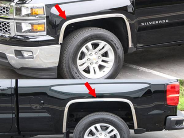 QAA - Chevrolet Silverado 2016-2018, 2-door, 4-door, Pickup Truck, 1500 LD ONLY (4 piece Molded Stainless Steel Wheel Well Fender Trim Molding Clip on or screw in installation, Lock Tab and screws, hardware included.) WZ56181 QAA