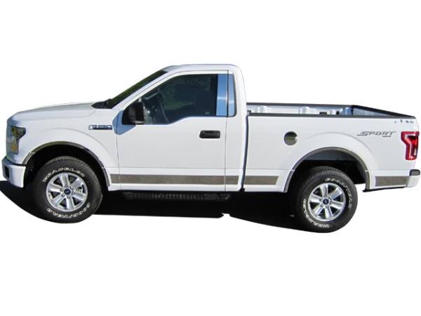 QAA - Ford F-150 2015-2020, 2-door, Pickup Truck, Regular Cab, 6.6' Bed (10 piece Stainless Steel Rocker Panel Trim, Upper Kit 4.5" Width Spans from the bottom of the molding DOWN to the specified width.) TH55308 QAA