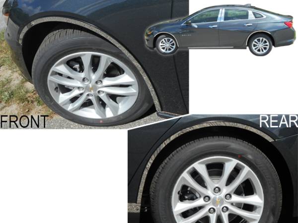 QAA - Chevrolet Malibu 2016-2020, 4-door, Sedan (4 piece Stainless Steel Wheel Well Accent Trim 0.875" Width With 3M adhesive installation and black rubber gasket edging.) WQ56105 QAA