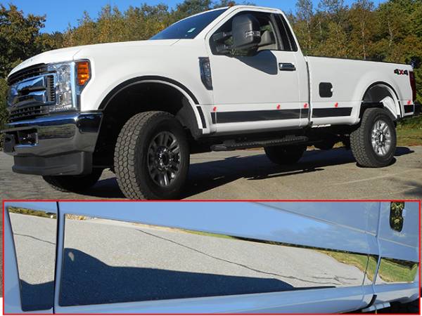 QAA - Ford F-250 & F-350 Super Duty 2017-2020, 2-door, Pickup Truck, Regular Cab, 8' Bed (10 piece Stainless Steel Rocker Panel Trim, Upper Kit 4.5" Width Spans from the bottom of the molding DOWN to the specified width.) TH57320 QAA