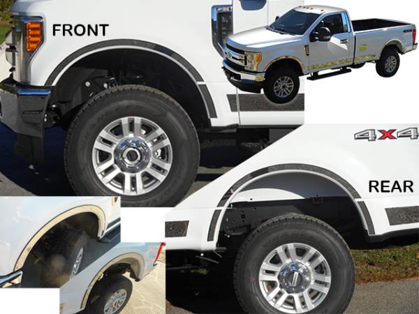 QAA - Ford F-250 & F-350 Super Duty 2017-2020, 2-door, Pickup Truck, Regular Cab, 8' Bed (10 piece Stainless Steel Wheel Well Accent Trim 1.5" Width With 3M adhesive installation and black rubber gasket edging.) WQ57320 QAA