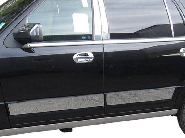 QAA - Ford Expedition 2015-2017, 4-door, EL Model (4 piece Stainless Steel Rocker Panel Trim, Upper Kit 5" Width, with top and bottom crease, NO cut out, NO fitment for PLATINUM EDITION, Fitment for the EL Model Spans from the bottom of the molding DOWN to the