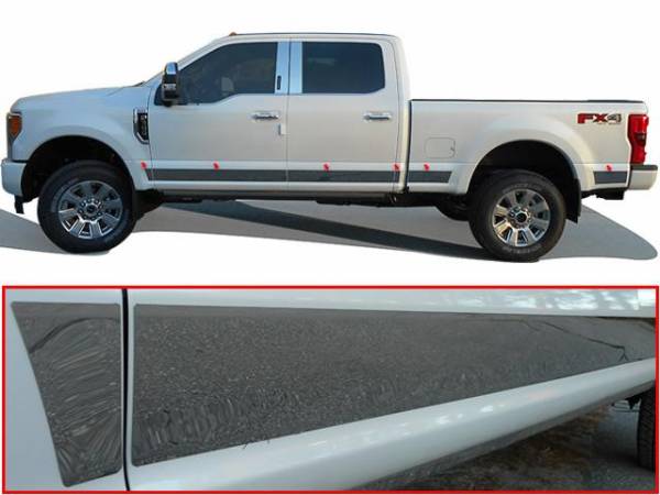 QAA - Ford F-250 & F-350 Super Duty 2017-2020, 4-door, Pickup Truck, Crew Cab, 6.75' Bed (12 piece Stainless Steel Rocker Panel Trim, Upper Kit 4.5" Width Spans from the bottom of the molding DOWN to the specified width.) TH57324 QAA