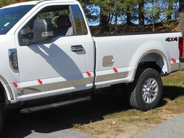 QAA - Ford F-250 & F-350 Super Duty 2017-2020, 2-door, Pickup Truck, Regular Cab, 6.75' Bed (10 piece Stainless Steel Rocker Panel Trim, Upper Kit 4.5" Width Spans from the bottom of the molding DOWN to the specified width.) TH57321 QAA