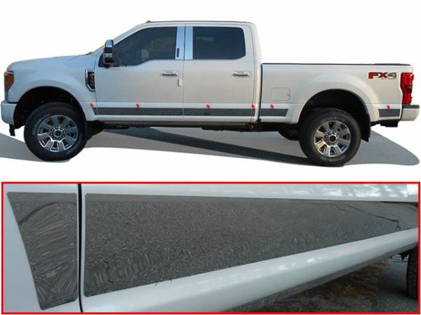 QAA - Ford F-250 & F-350 Super Duty 2017-2020, 4-door, Pickup Truck, Crew Cab, 8' Bed (12 piece Stainless Steel Rocker Panel Trim, Upper Kit 4.5" Width Spans from the bottom of the molding DOWN to the specified width.) TH57323 QAA