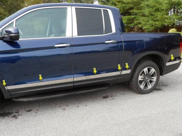 QAA - Honda Ridgeline 2017-2020, 4-door, Pickup Truck (12 piece Stainless Steel Rocker Panel Trim, Upper Kit 2" - 2.625" Tapered Width Spans from the bottom of the molding crease DOWN to the specified width.) TH17240 QAA