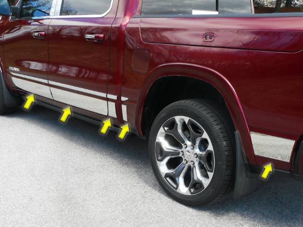 QAA - Ram Trucks Ram 2019-2020, 4-door, Pickup Truck, Crew Cab, 1500, 5.7' Bed (10 piece Stainless Steel Rocker Panel Trim, Upper Kit 5.75" Width Spans from the bottom of the molding DOWN to the specified width.) TH59935 QAA