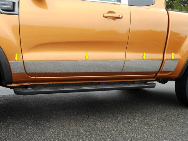 QAA - Ford Ranger 2019-2020, 4-door, Pickup Truck, Super Cab (8 piece Stainless Steel Rocker Panel Trim, Upper Kit 4.625" - 6.25" Tapered Width Spans from the bottom of the molding DOWN to the specified width.) TH59348 QAA