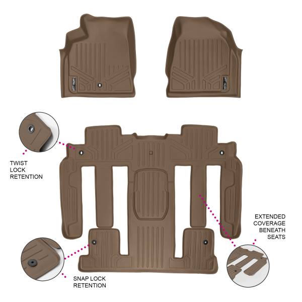Maxliner USA - MAXLINER Custom Fit Floor Mats 3 Row Liner Set Tan for Traverse / Enclave / Acadia / Outlook with 2nd Row Bucket Seats