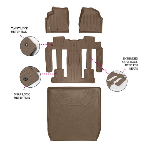 Maxliner USA - MAXLINER Custom Fit Floor Mats 3 Rows and Cargo Liner Behind 2nd Row Tan for Traverse / Enclave with 2nd Row Bucket Seats
