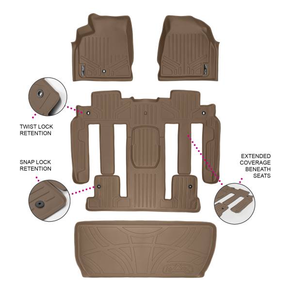 Maxliner USA - MAXLINER Custom Floor Mats 3 Rows and Cargo Liner Behind 3rd Row Set Tan for Traverse / Enclave with 2nd Row Bucket Seats