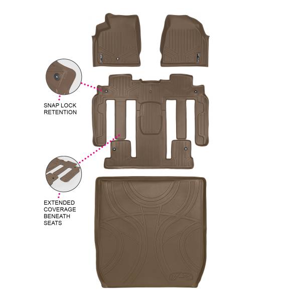 Maxliner USA - MAXLINER Custom Fit Floor Mats 3 Rows and Cargo Liner Behind 2nd Row Set Tan for 2008 Enclave with 2nd Row Bucket Seats