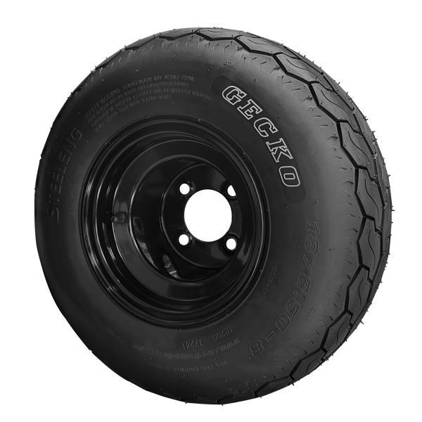 Steeleng Goft Carts - SGC - Set of 4 - SGC 8″ Steel Wheel – Black / STEELENG 18″x8.5″-8″ GECKO Street Tire (White Letter Version)