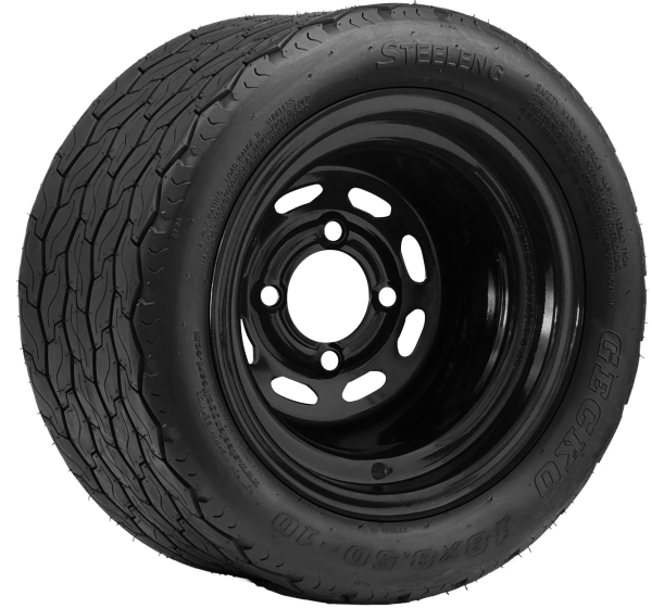 Steeleng Goft Carts - SGC - Set of 4 - SGC 10″ Steel Wheel – Black – Slotted / STEELENG 18″x8.5″-10″ (205/50-10) GECKO Street Tire