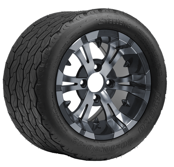 Steeleng Goft Carts - SGC - Golf Cart Set of 4 - SGC 12″ Vampire Machined/Gunmetal Wheel – Aluminum Alloy / STEELENG 20″x10″-12″ GECKO Street Tire