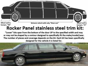 Cadillac DTS 2006-2011, 4-door, Sedan (10 piece Stainless Steel Rocker Panel Trim, Lower Kit 4.5" Width, Between the wheel wells Spans from the bottom of the door UP to the specified width.) TH40241 QAA
