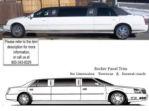 Cadillac DTS 2006-2011, Limousine, 149" Stretch (14 piece Stainless Steel Rocker Panel Trim, Lower Kit 4.5" Width, Full Length, Includes coverage from the wheel well to the bumper on the front and rear, 149" extension Spans from the bottom of the door UP